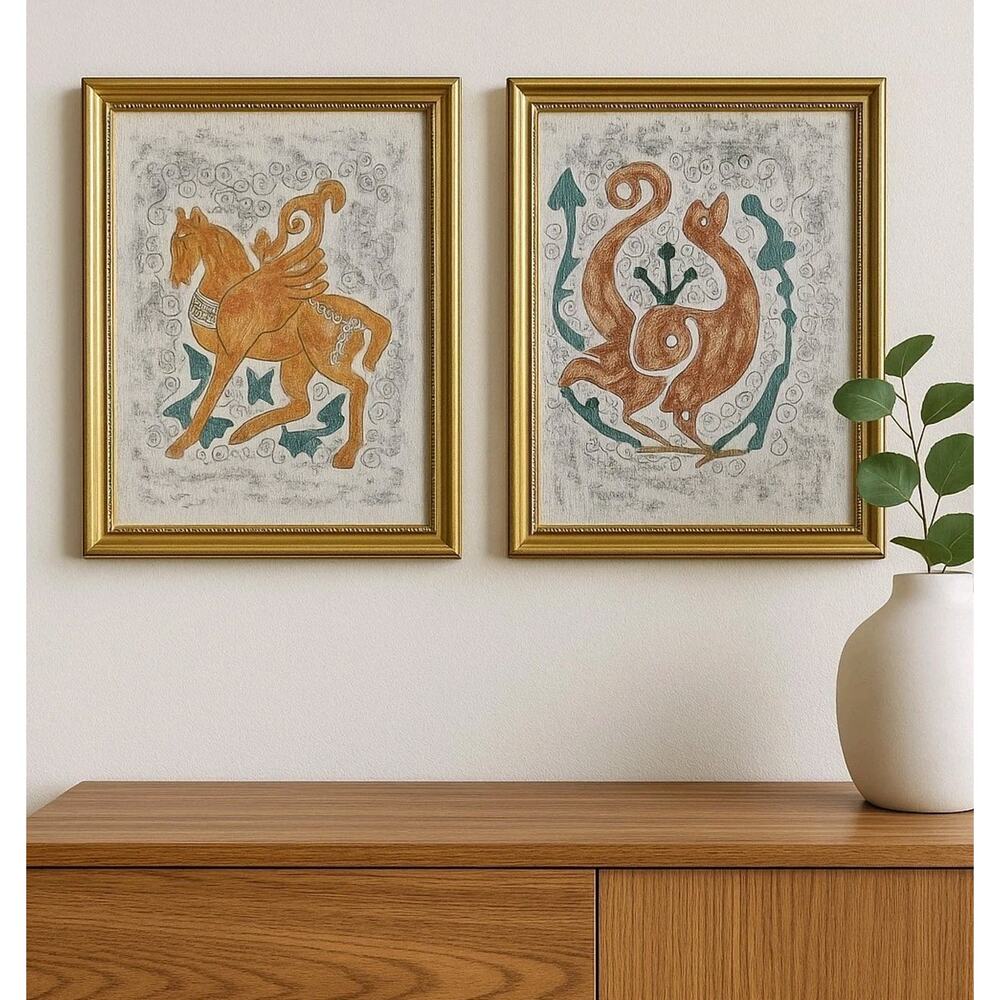 Vtg Mid Century Textile Art Pair Pegasus Phoenix Folk Modern Framed Wall Decor